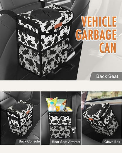 Pritent Car Trash Can with Lid, Cute Leakproof Car Trash Garbage Bag Hanging Vehicle Trash Bin Small Portable Automotive Garbage Cans Organizer for Back/Front Seat/Console(Trapezoid,Cow Print)