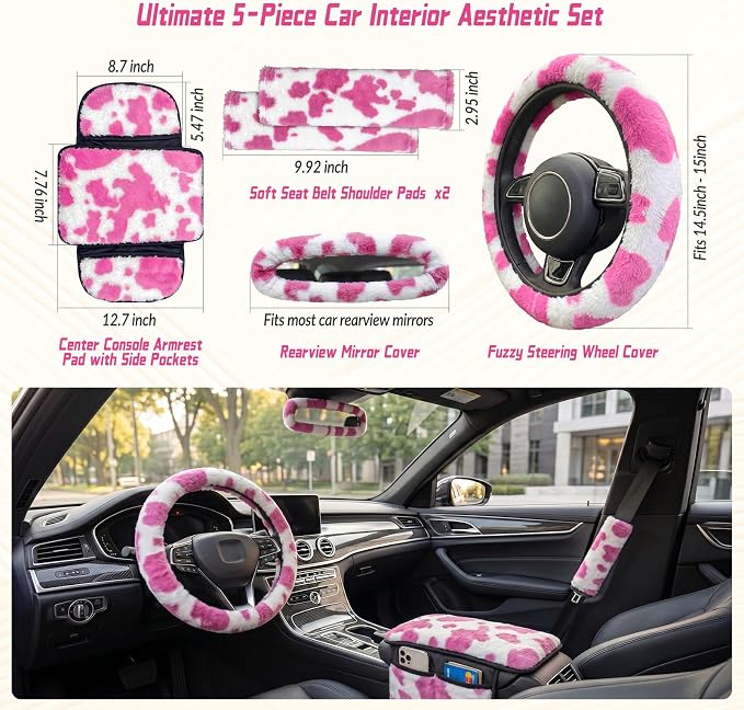 5 Pcs Fuzzy Cow Print Car Accessories Set, Soft Fluffy Plush Steering Wheel Cover, Center Console Armrest Pad & Rearview Mirror Cover - Interior Decorations for Women,Universal Fit (Pink Cow)