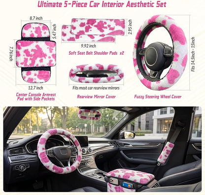5 Pcs Fuzzy Cow Print Car Accessories Set, Soft Fluffy Plush Steering Wheel Cover, Center Console Armrest Pad & Rearview Mirror Cover - Interior Decorations for Women,Universal Fit (Pink Cow)