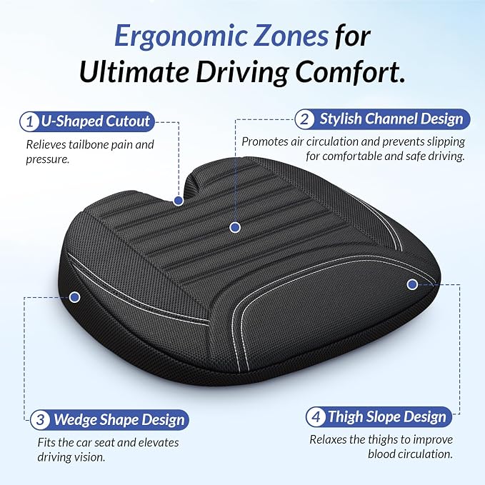 ZIKEE Wedge Car Seat Cushion for Tailbone Pain Relief & Better Visibility, Ergonomic Memory Foam Seat Cushion for Car with Breathable Channel Design, Fits Car, SUV, Truck, Non-Slip Mesh Cover