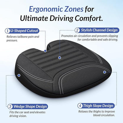 ZIKEE Wedge Car Seat Cushion for Tailbone Pain Relief & Better Visibility, Ergonomic Memory Foam Seat Cushion for Car with Breathable Channel Design, Fits Car, SUV, Truck, Non-Slip Mesh Cover