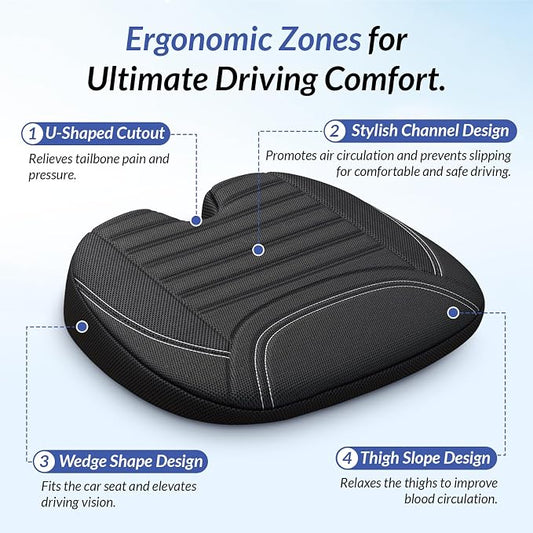 ZIKEE Wedge Car Seat Cushion for Tailbone Pain Relief & Better Visibility, Ergonomic Memory Foam Seat Cushion for Car with Breathable Channel Design, Fits Car, SUV, Truck, Non-Slip Mesh Cover