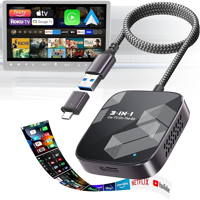 3-in-1 Wireless CarPlay Adapter 2026, Convert Wired to Wireless Apple Car Play/Android Auto or HDMI for Fire TV Stick [Metal&Glass Case] Screen Mirroring, Car TV Mate Pro Max, Fit for 2016+ Cars-Black