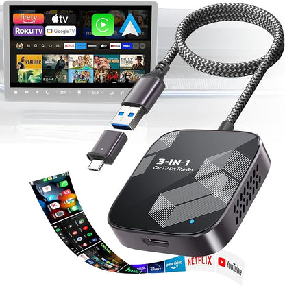 3-in-1 Wireless CarPlay Adapter 2026, Convert Wired to Wireless Apple Car Play/Android Auto or HDMI for Fire TV Stick [Metal&Glass Case] Screen Mirroring, Car TV Mate Pro Max, Fit for 2016+ Cars-Black