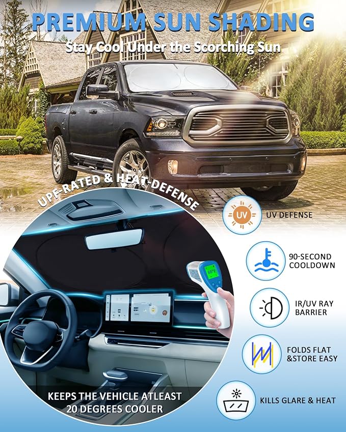 Sun Shade for Ram Windshield Sunshade for 2011-2018 Dodge Ram 1500 2Dr RegularCab, 4Dr QuadCab, CrewCab MegaCab Accessorie Front Window Cover Suncreen Shield Sun Visor Protector Keep Interior Cool