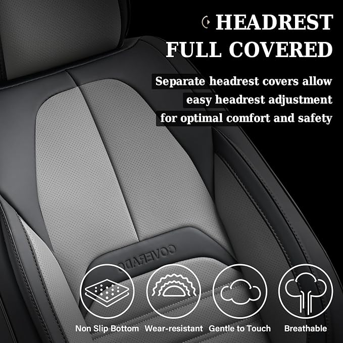 Coverado Waterproof Nappa Leather Car Seat Covers, Automotive Seat Covers，Front Car Seat Cushion & Car Seat Protector, Seat Covers Universal Fit for Most Cars, SUVs,Trucks,Black&Gray