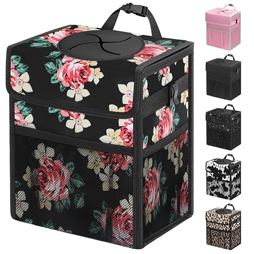 Capolo Car Trash Can with Lid, Leakproof Car Trash Bag Hanging Waterproof Automotive Garbage Can with Storage Pockets Mini Vehicle Trash Bin for Back/Front Seat(Flower,2.5 Gallon)
