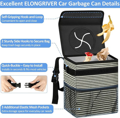 ELONGRIVER Car Trash Can Bin for Back Seat Leak Proof, Cute Car Trash Bag Hanging, Vehicle Trash Can for SUV Truck Van, Automotive Garbage Cans Front Seat Stripe