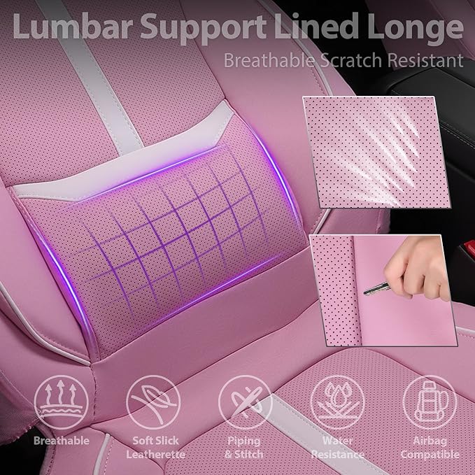 CAR PASS Nappa Leather Car Seat Covers, Cute Girly Water Resistant 3D Foam Faux Leather Seat Covers, Lumbar Support Automotive Seat Covers 2 Front Seats, Universal Fit for Cars SUV, Cute Pink White