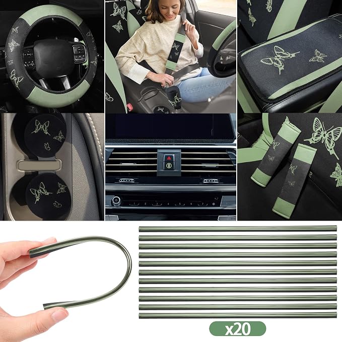 BBTO 43 Pcs Butterfly Car Seat Full Set Butterfly Car Accessories for Women 5 Front Rear Seat Covers Wrist Strap 2 Pcs Cup Mat Armrest Pad 2 Belt Xmas Cover Accessories for SUV(Green, Black)