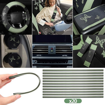 BBTO 43 Pcs Butterfly Car Seat Full Set Butterfly Car Accessories for Women 5 Front Rear Seat Covers Wrist Strap 2 Pcs Cup Mat Armrest Pad 2 Belt Xmas Cover Accessories for SUV(Green, Black)