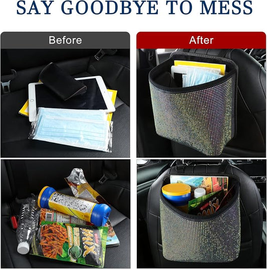 Cavalcade Car Back Seat Organizer, Bling Hanging Pocket, Large Seat Back Travel Caddy Bag, Diamond Trash Bin Garbage Container (Multicolor)