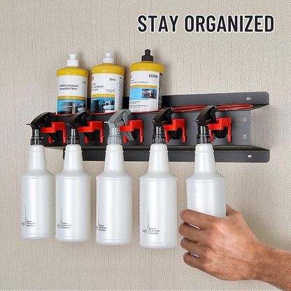 2 Set Spray Bottle Storage Rack,Wall Mount Spray Can Holder Garage Bottle Organizer, Hanging Rail Car Beauty Shop Accessory Display Auto Cleaning Detailing Tools Hanger with Car Cleaning Brush Kits