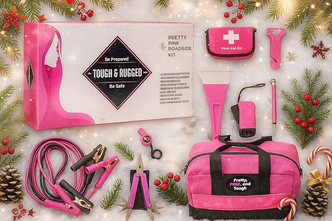 Pretty Pink Roadside Kit - Pink Emergency Kit for Teen Girls and Women - Car Accessories for Women - Durable Carry Bag with Long Jumper Cables, First Aid Kit, Emergency Tools, 5 Year Warranty