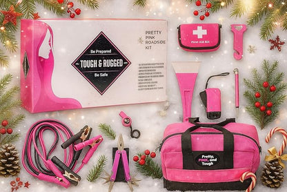 Pretty Pink Roadside Kit - Pink Emergency Kit for Teen Girls and Women - Car Accessories for Women - Durable Carry Bag with Long Jumper Cables, First Aid Kit, Emergency Tools, 5 Year Warranty