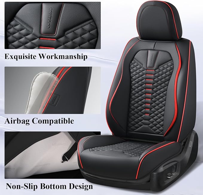 Coverado Seat Covers Full Set, Waterproof Nappa Leather Seat Covers for Cars, 5 Seats Universal Car Seat Protectors, Black Car Seat Covers Car Seat Cushions Fit for Most Cars (Black&Red)