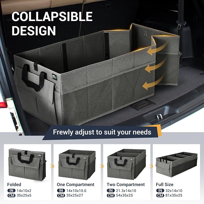 MIU COLOR Trunk Organizer for Car, 12 Pockets Sturdy Car Organizer for SUV, Non-Slip Bottom, Folded Trunk Storage Organizer for Sedans, Van, Jeep, Grocery, Large 3 Compartments, Dark Gray 32"×13"×10"