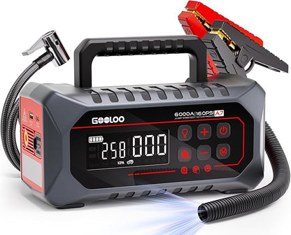 GOOLOO A7 Jump Starter with Air Compressor, 6000A &160PSI 12V Car Battery Jumper Starter Portable Booster Pack, Supersafe Jump Box (All Gas & 10L Disel) with Tire Inflator & Air Pump(Inflate& Deflate)