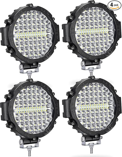 LED Off Road Lights, 7 Inch Round 210W 10000lm 12V-60V LED Work Lights Driving LED Pods for Truck Trailer Boat Ship Golf Cart 36V 48V Working Driving Search Fog Lights, 4 Pack