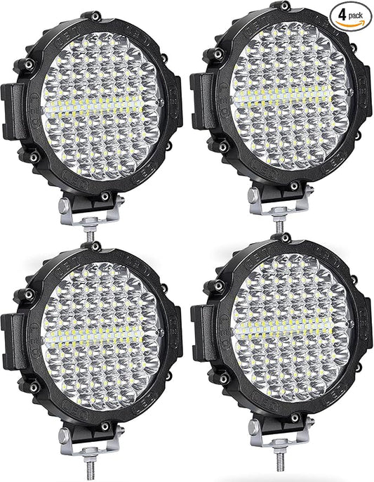 LED Off Road Lights, 7 Inch Round 210W 10000lm 12V-60V LED Work Lights Driving LED Pods for Truck Trailer Boat Ship Golf Cart 36V 48V Working Driving Search Fog Lights, 4 Pack