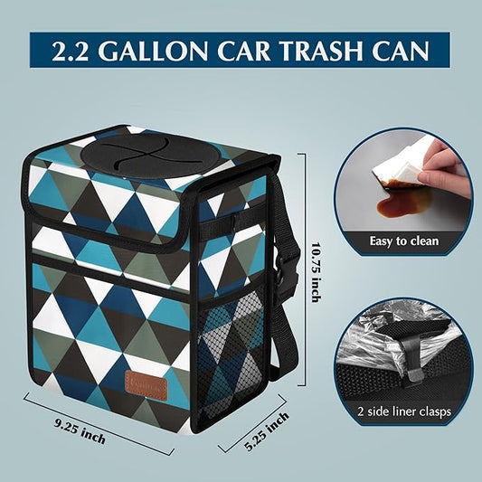 Femuar Car Trash Can with Lid - Leak Proof, Waterproof, Multipurpose Car Hanging for Headrest, Collapsible and Portable with Storage Mesh Pocket, Triangle