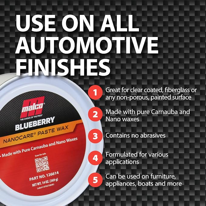 Malco Nano Care Blueberry Paste Wax - Creates High Gloss Finish and Long-Lasting Shine/Premium Paste Wax for Use on Fiberglass, Gel Coat and Painted Vehicle Finishes / 14 Oz. (126614)
