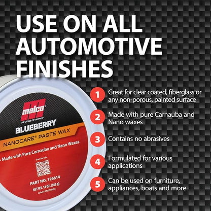 Malco Nano Care Blueberry Paste Wax - Creates High Gloss Finish and Long-Lasting Shine/Premium Paste Wax for Use on Fiberglass, Gel Coat and Painted Vehicle Finishes / 14 Oz. (126614)
