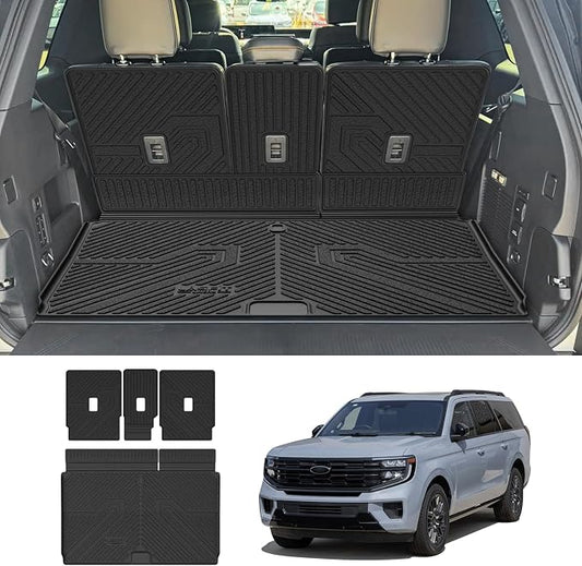 LASFIT Floor Mat with Backrest Mat Ford Expedition Max & Lincoln Navigator L 2025 2026 2027(fit 7 and 8 Seats),Costom Fit All Weather Protection TPE Easy Clean Cargo Liners,4pcs,Black