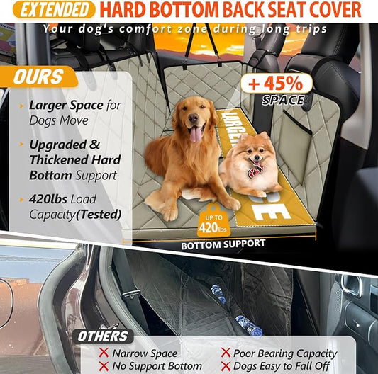 Back Seat Extender for Dogs-Large Space, Dog Car Seat Cover Hard Bottom Holds 420lbs, Sturdy Backseat Extender for Dogs, Upgraded Waterproof Pet Car Bed Dog Hammock for Car SUV, Truck Khaki