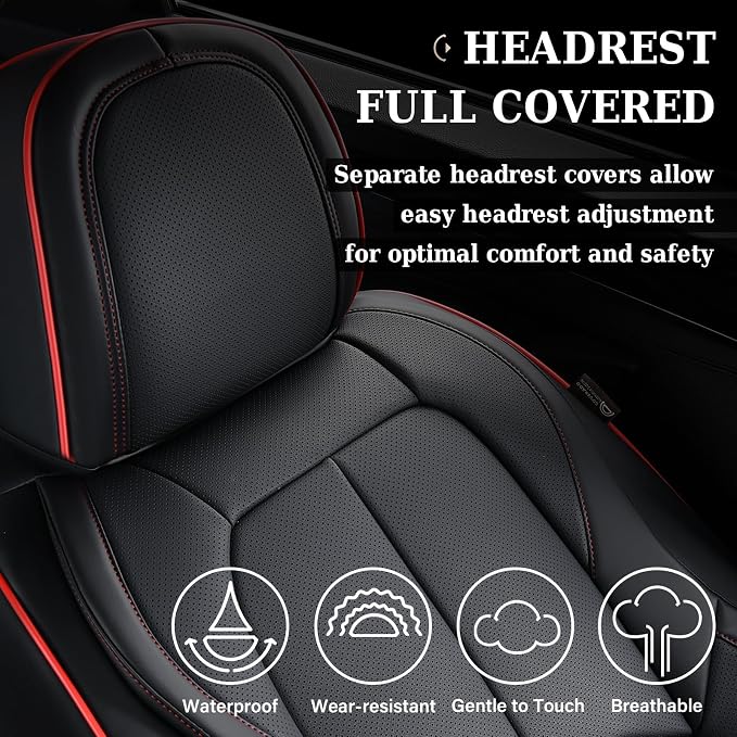 Coverado Car Seat Covers Full Set, Premium Nappa Leather Seat Covers for Car, Waterproof Car Seat Protector with Lumbar Support, Car Seat Cover Universal Fit for Most Cars SUV Truck(Black&Red)