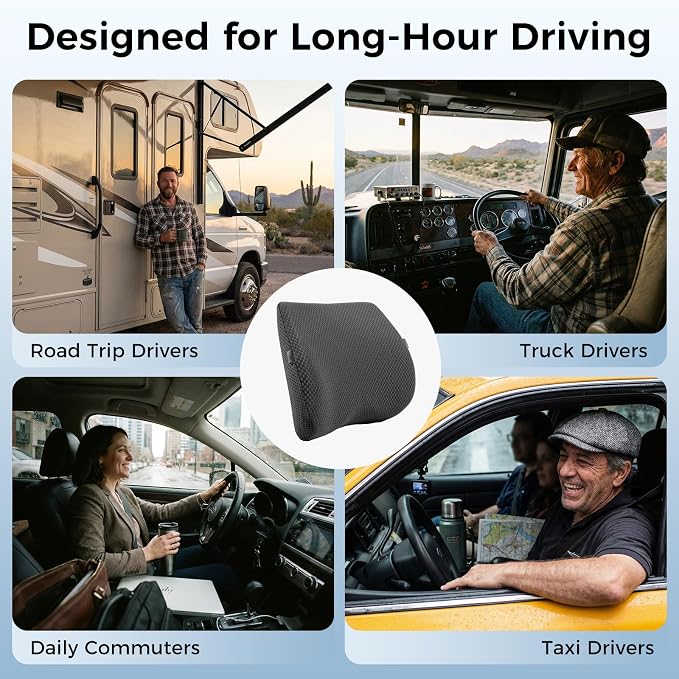 Lumbar Support Pillow for Car & Office Chair - High-Density Memory Foam Back Cushion for Sciatica & Lower Back Pain Relief - Non-Slip Support for Long Commutes & Desk Workers (3D Mesh Black)