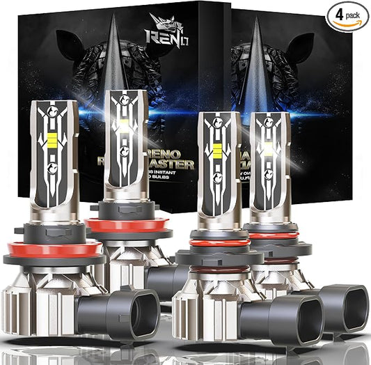 RENO H11 9005 Bulb Combo, H9 H8 HB3 H11+9005 Fog Bulbs off-Road Use or Fog Lights, 6500k White 48000LM Non-Polarity Plug and Play, Pack of 4
