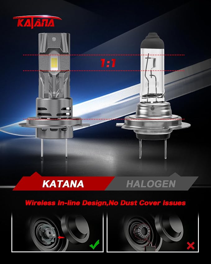 Katana Upgraded H7 Light Bulbs, 18000LM 6500K White Mini Size with Cooling Fan, Canbus Ready Fog Light, Pack of 2