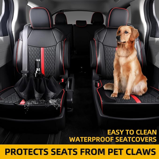 Custom Fit Sienna Seat Covers for 2021-2026 Toyota Sienna 7-Seat XLE XSE Woodland Limited Platinum [Ottoman Not Covered], Waterproof Faux Leather Full Set Airbag Compatible (Black+red)