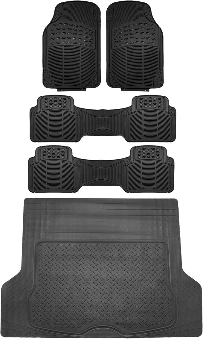 FH Group Climaproof™ Trimmable Non-Slip Vinyl Floor Mats 3 Row Set - Universal Fit for Cars Trucks and SUVs (Black) F11306 + F16400