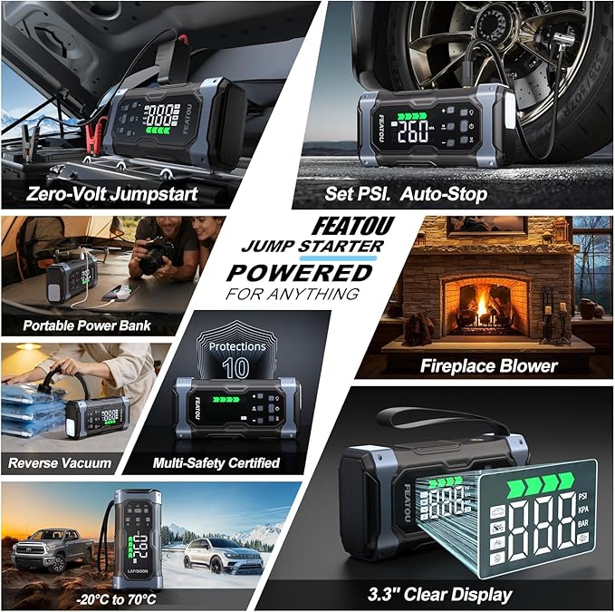 High-Power 9000A Jump Starter with Air Compressor, 12V Car Battery Jump Starter, Portable Jump Box for Car(All Gas/14L Diesel) with Tire Inflator, PD 30W Fast Charge, Forced Boost Battery Jumper