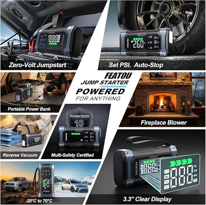High-Power 9000A Jump Starter with Air Compressor, 12V Car Battery Jump Starter, Portable Jump Box for Car(All Gas/14L Diesel) with Tire Inflator, PD 30W Fast Charge, Forced Boost Battery Jumper