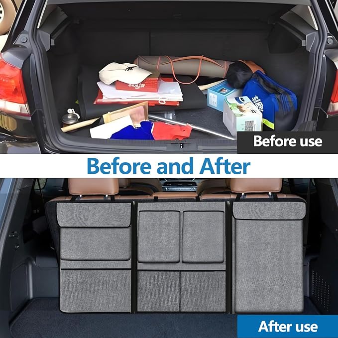 Hovom Car Trunk Organizer, Large Capacity Trunk Organizer for SUV, Detachable Vehicle Seat Back Hanging Storage Organizer with Zippers, Waterproof Car Storage Bag with 7 Pockets (Gray)