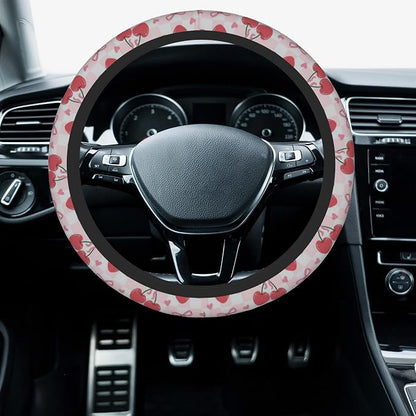 Car Steering Wheel Cover, 14.5"-15" Inch Universal Anti-Slip DurableSteering Wheel Protective Cover, Breathable Auto Interior Decoration Accessories for Sedan SUV Truck (Pink Cherries Bows)