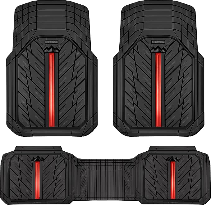 CAR PASS Rubber Floor Mats for Cars, Car Mats Full Sets DeepDish,Universal S~L Size Trim-to Fit Automotive Floor Mat for Truck Van SUV, Heavy Duty Waterproof All-Weather Floor liners Durable Black Red