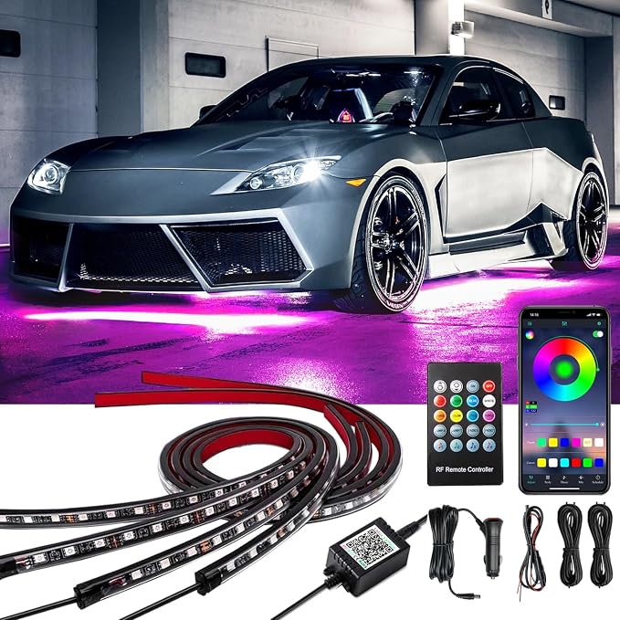 Yielinth Car Underglow Lights, Exterior LED Strip Lights with App and RF Remote Control, 16 Million Colors Underglow Kit for Car, 4 Pieces