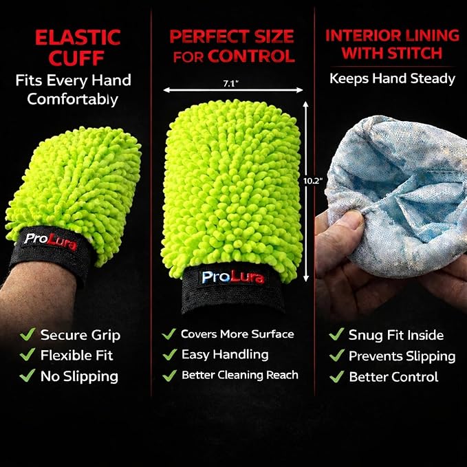 Microfiber Car Wash Mitt 2 Pack, Chenille Scratch-Free Wash Gloves, Ultra Soft, Highly Absorbent, 7.1” x 10.2”, Lint-Free, Reusable Auto Cleaning Mitt (Green)