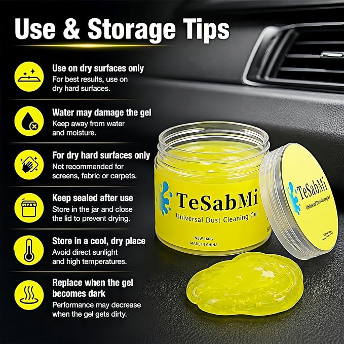 TeSabMi Car Cleaning Gel, Yellow, 160g | Reusable Cleaning Putty, Dust Slime, Air Vents & Dashboard Gaps, Cup Holders & Console Buttons, Vehicle Interior Detailing