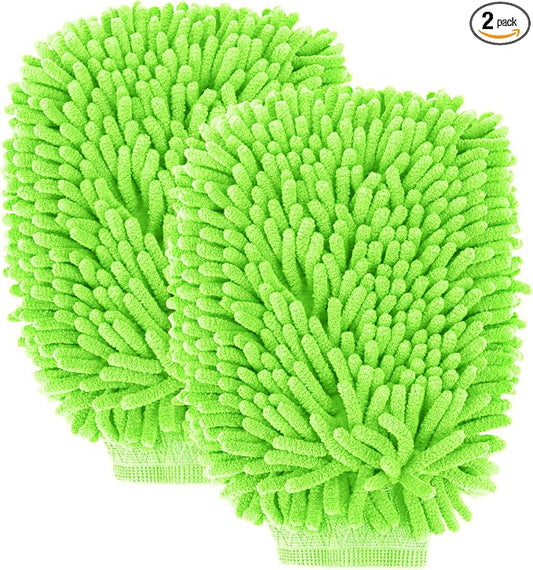 Wuyaoyao 2PCS Car Wash Mitt, 10.14"×7.12" Chenille Microfiber Car Wash Mitts, Scratch-Free & Lint-Free, Absorbent Double Sided Clean Glove for Cars Cleaning, Auto Cleaning Supplies (Fluorescent Green)