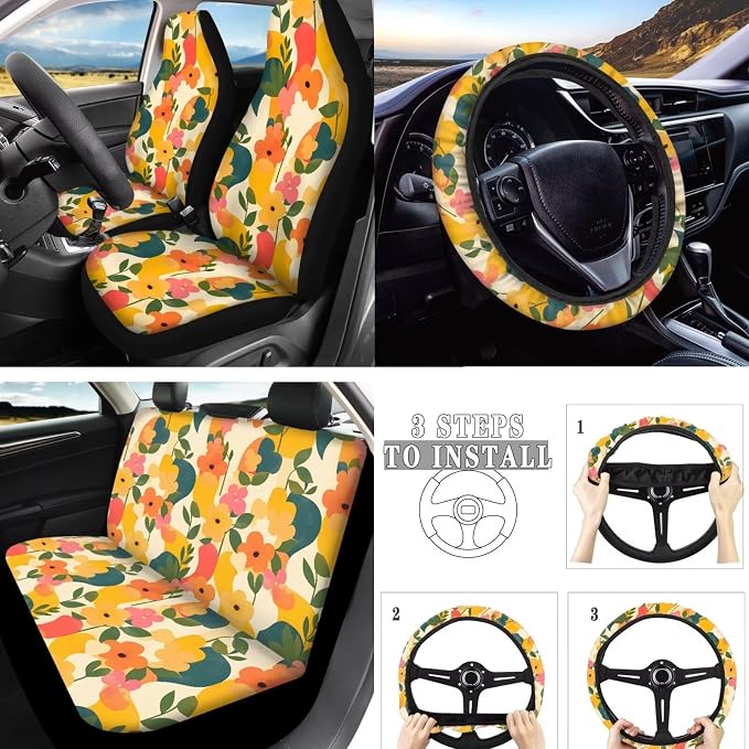 10 Print Colorful Wild Flower Car Seat Covers, Forest Flowers Leaf Steer Wheel Cover Automotive Interior Decor, Abstract Botanical Coasters Key Chain Seat Belt Cover