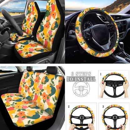 10 Print Colorful Wild Flower Car Seat Covers, Forest Flowers Leaf Steer Wheel Cover Automotive Interior Decor, Abstract Botanical Coasters Key Chain Seat Belt Cover