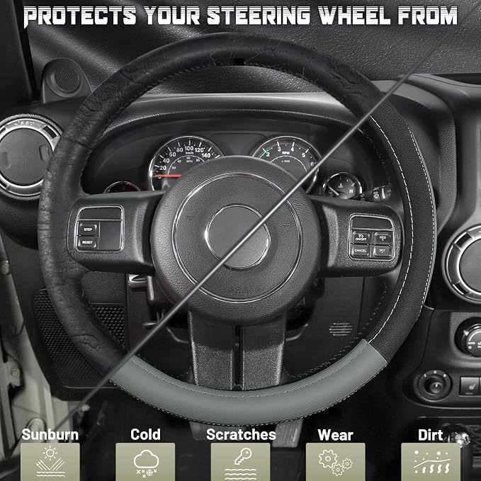 SEG Direct Car Steering Wheel Cover for F-150 Tundra Range Rover 15.5-16 inch, Black and Gray Microfiber Leather