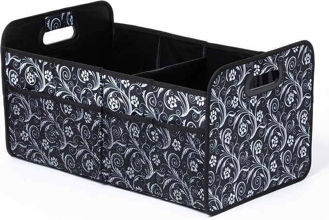 GreaterGood Paws Car Trunk Organizer Foldable Storage Bin with Handles Non Slip Base Pet Gear Travel Tote for SUV Truck (Flourish Paws)