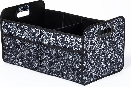GreaterGood Paws Car Trunk Organizer Foldable Storage Bin with Handles Non Slip Base Pet Gear Travel Tote for SUV Truck (Flourish Paws)