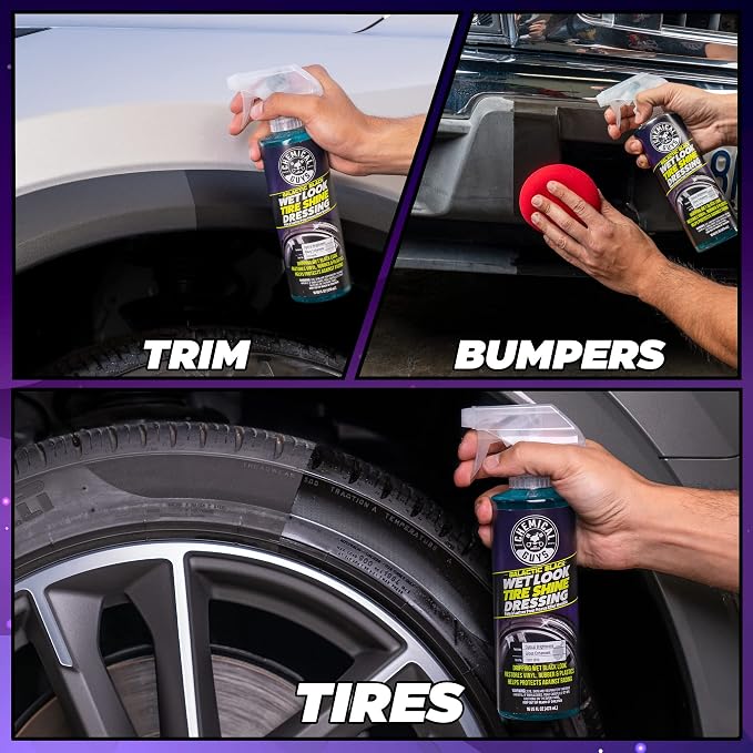 Chemical Guys Galactic Black Wet Look Tire Shine Dressing – High Gloss Tire Spray for Trim & Rubber – Restores Deep Black Shine and Protection for Cars, Trucks, Motorcycles and RVs, 16 oz